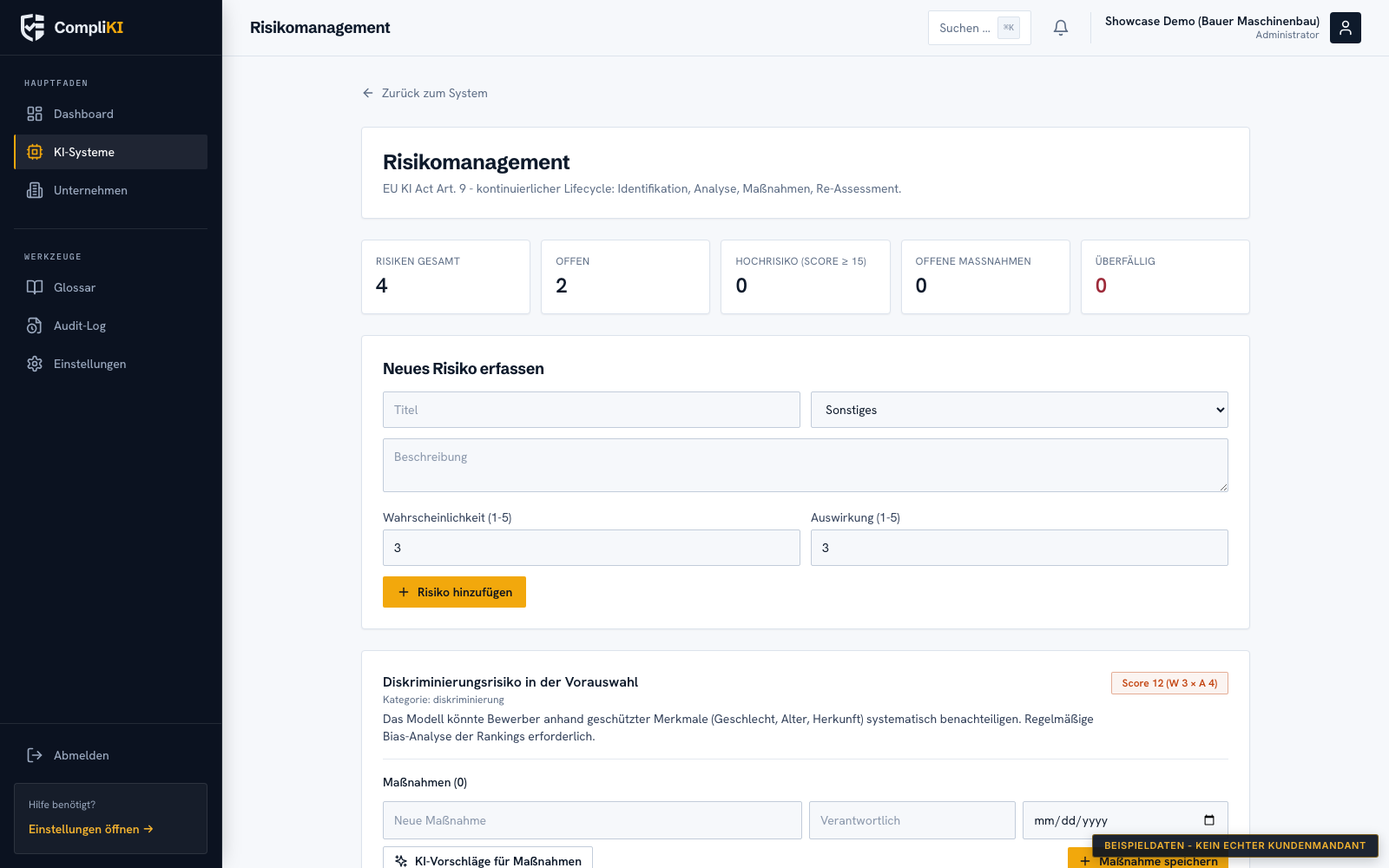 Screenshot Risikomanagement nach Art. 9: Kennzahlen und Risikoregister