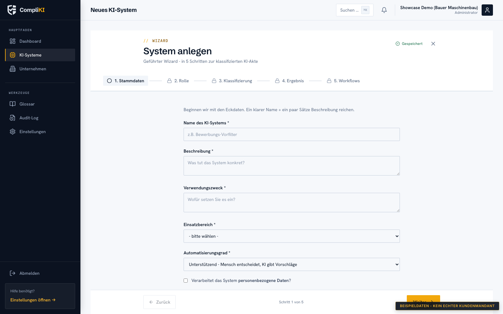 Screenshot Neues KI-System: geführter Wizard in fünf Schritten, Schritt 1 Stammdaten