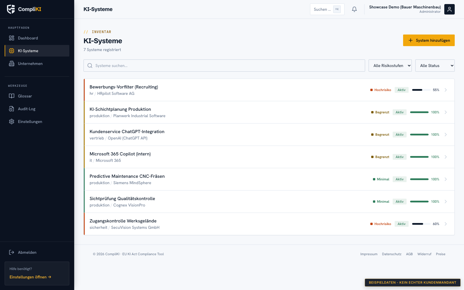 Screenshot KI-Systeme-Liste: Übersicht aller erfassten Systeme