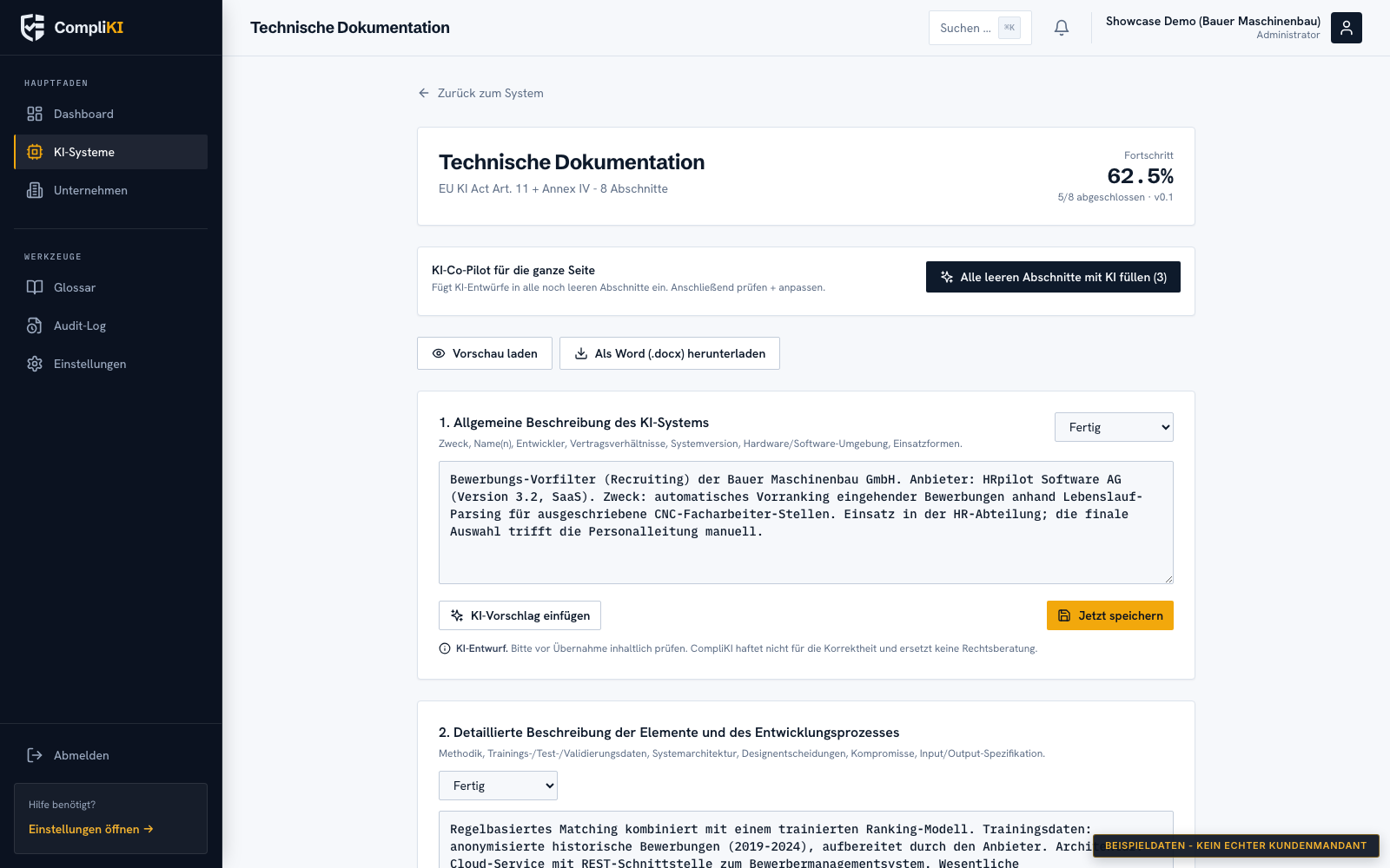 Screenshot Technische Dokumentation: Annex-IV-orientierte Sektionen mit Fortschrittsanzeige