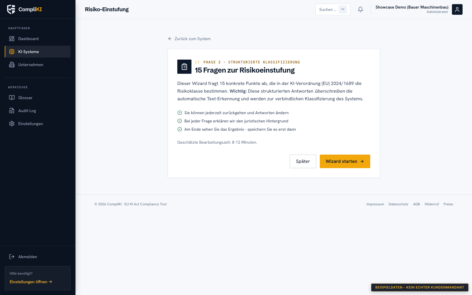 Screenshot Klassifizierungs-Wizard: Einstieg mit 15 strukturierten Fragen zur Risikoeinstufung
