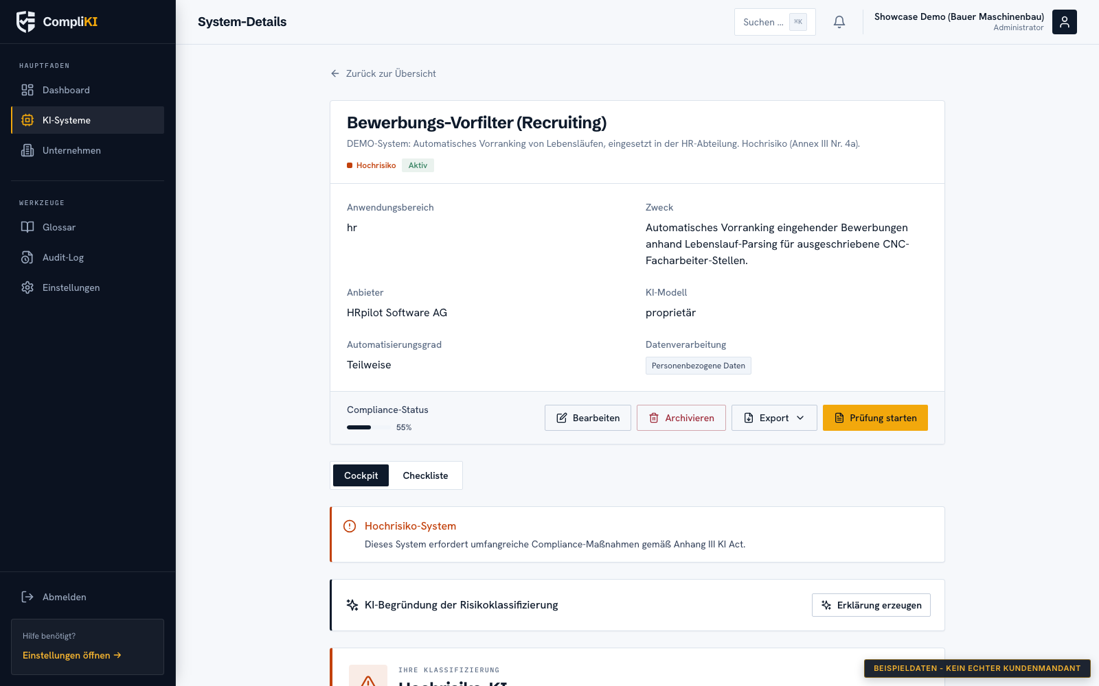 CompliKI Workflow-Hub: System-Detail mit Klassifizierung und offenen Pflichten